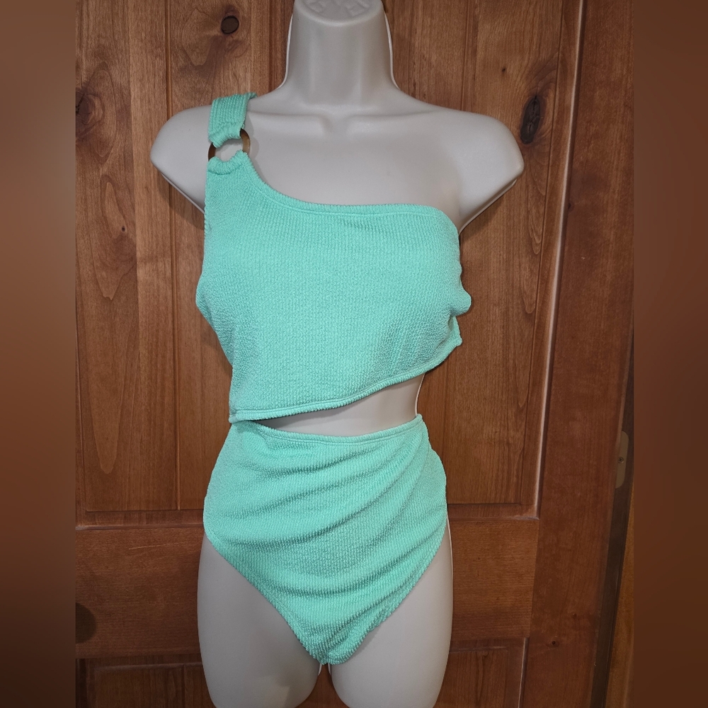 One-Shoulder Mint Green Textured Cutout‎ One-Piece Swimsuit